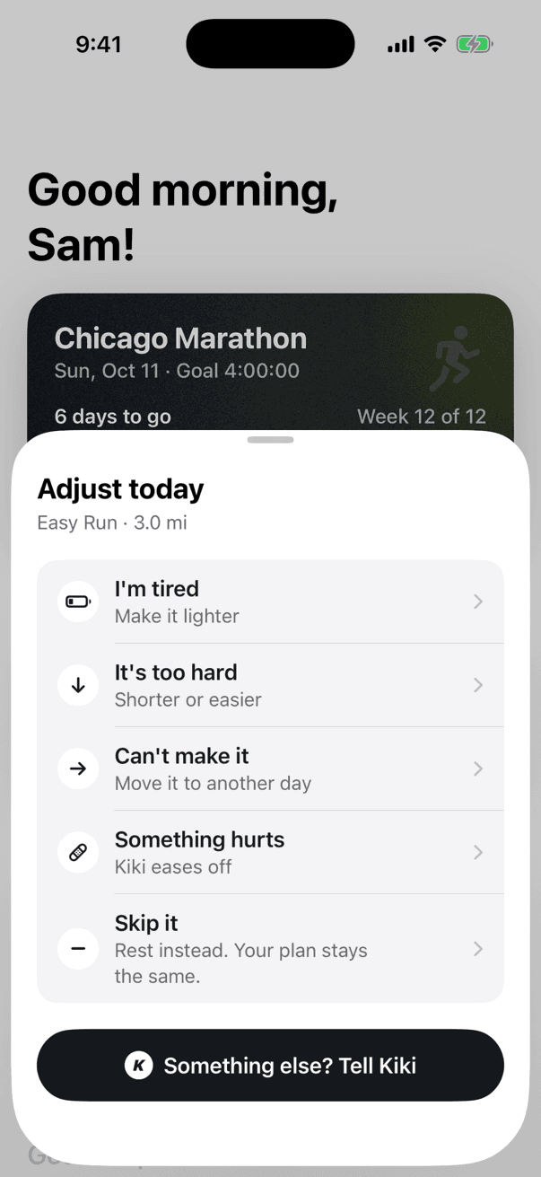 Kiki's Adjust today sheet with options: I'm tired, It's too hard, Can't make it, Something hurts, Skip it