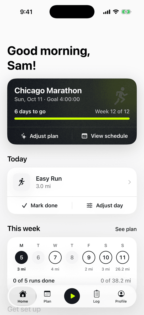 Kiki's Home screen: Good morning, Sam, with the Chicago Marathon goal card, today's run and this week