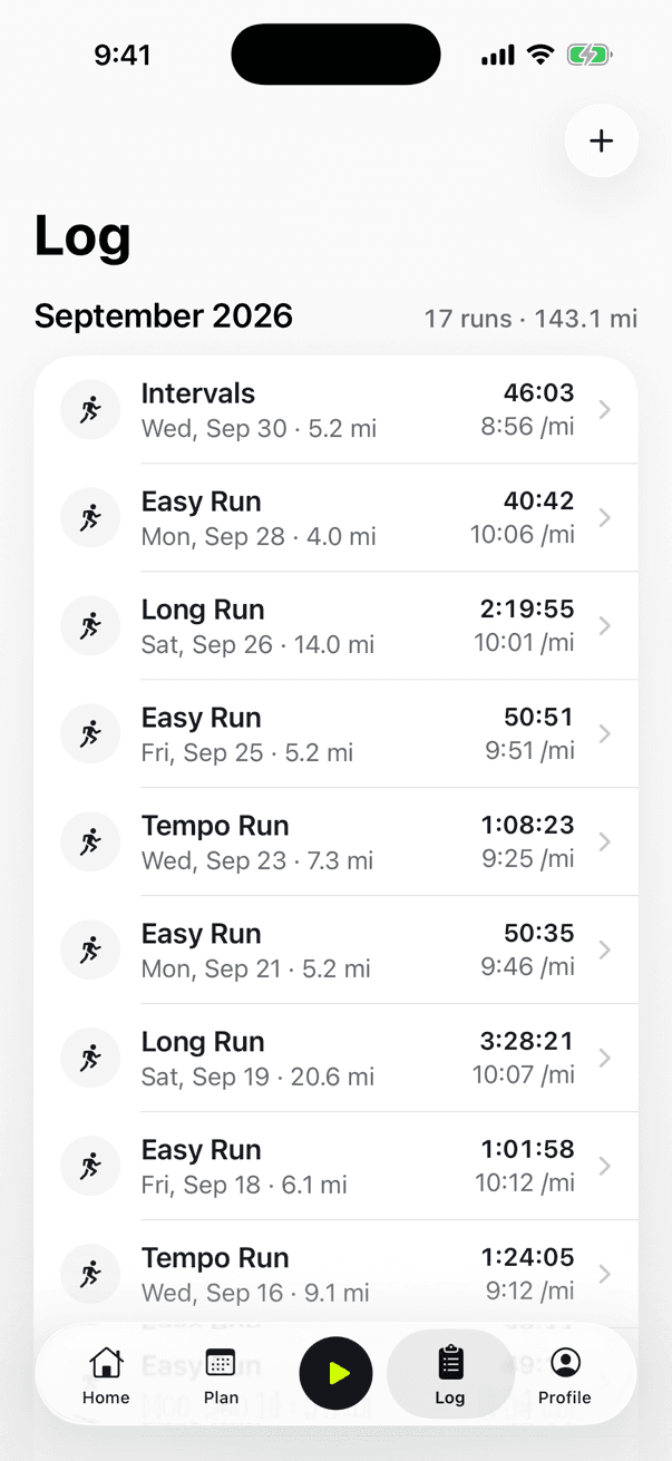 Kiki's Log tab: every run in September with distance, time and pace
