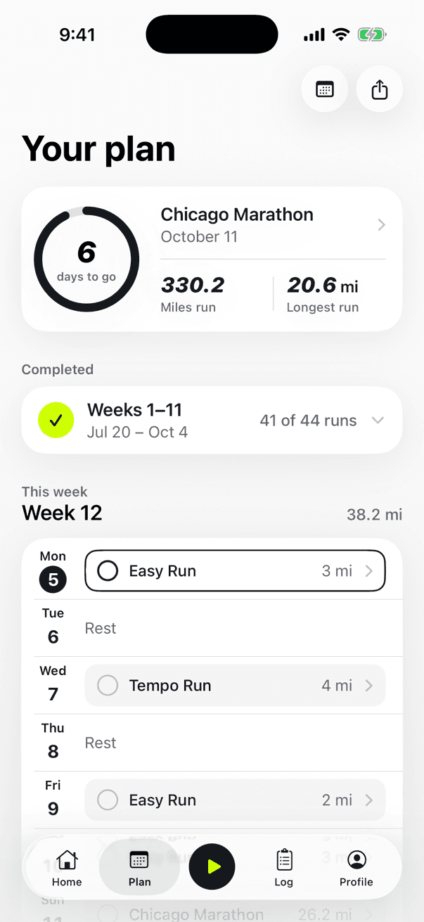 Kiki's Plan tab: this week's runs for the Chicago Marathon, with completed runs checked off