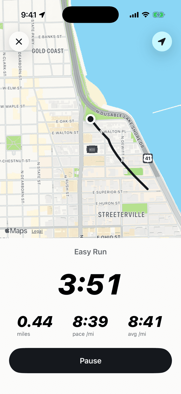 Kiki's run tracker recording a run along Chicago's lakefront
